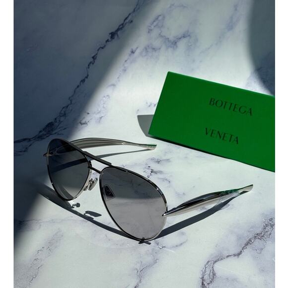 NEW Bottega Veneta BV1305S Sardine Silver Mirror Aviator - Picture 1 of 7